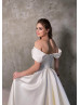 Off Shoulder Ivory Satin High Slit Simple Wedding Dress